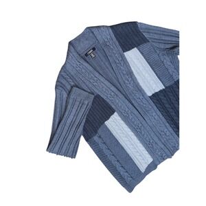 Patchwork Grandpacore Academia Cable Knit Cardigan Sweater XL Blue Gray Men's